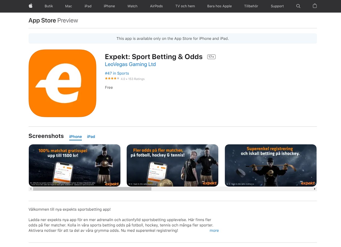 Приложение букмекера Expekt для iPhone (iOS) в App Store